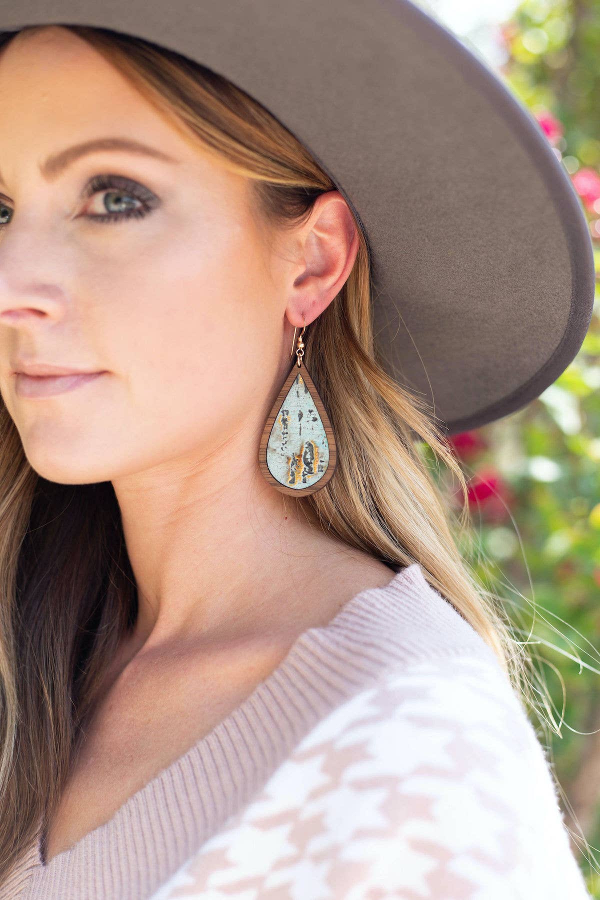 Turquoise Distressed Wood + Leather Teardrop Earrings