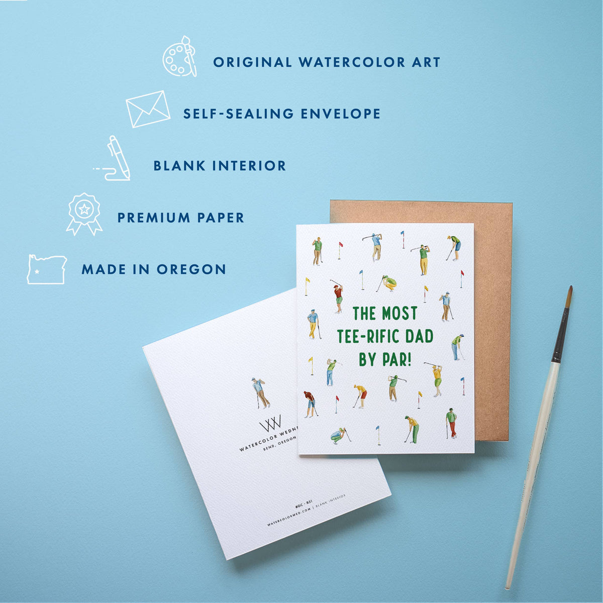 Father Day Card for Golfing Dad feature list showing original watercolor art, self-sealing envelope, blank interior, premium paper, and made in Oregon, with the card and kraft envelope and a paintbrush