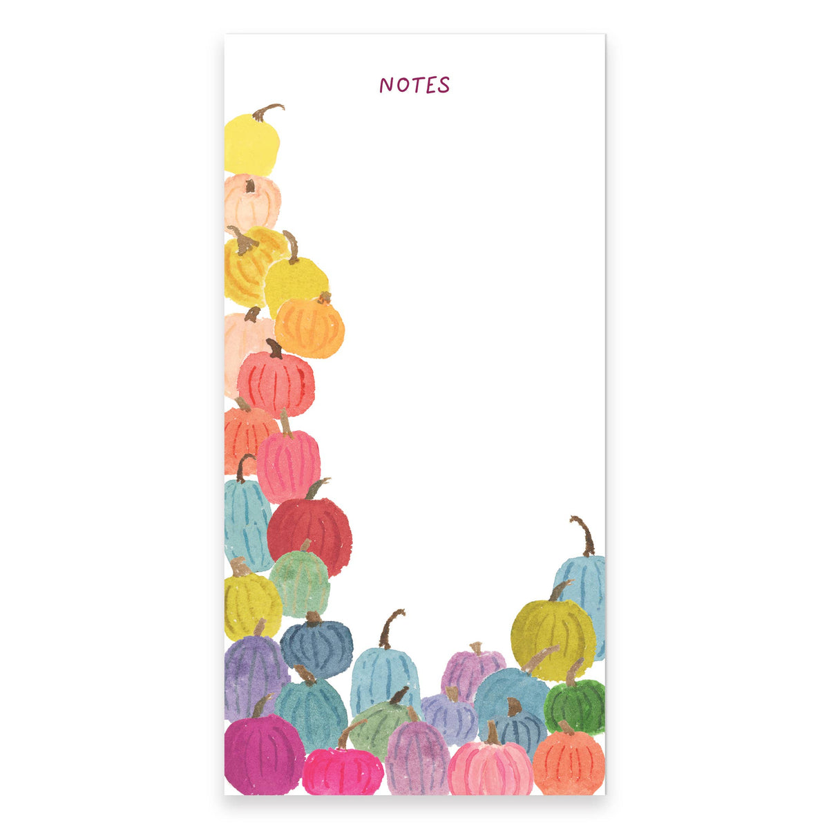Colorful Pumpkins notepad with NOTES at the top and rainbow watercolor pumpkins along the left and bottom, on white