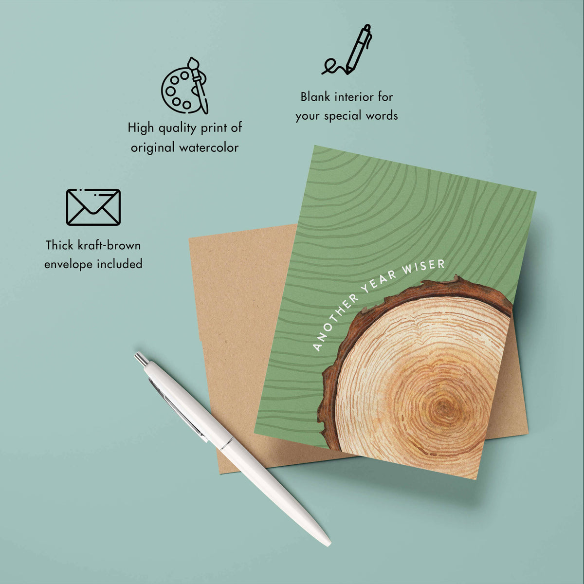 Another Year Wiser Tree Ring Birthday Card feature list showing high quality print of original watercolor, blank interior for your special words, and thick kraft brown envelope included
