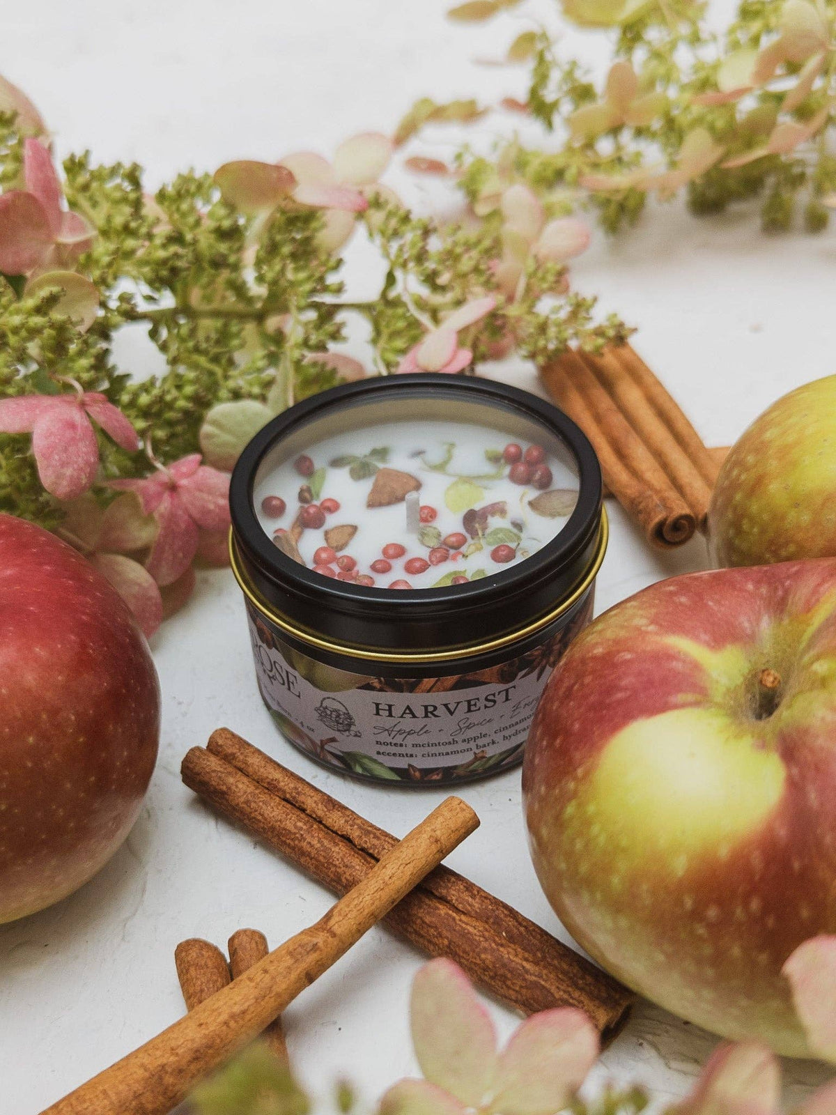 HARVEST Apple Spice candle with a smoked glass lid, wax topped with dried cranberries, almond slivers, and cinnamon bark, surrounded by apples and cinnamon sticks