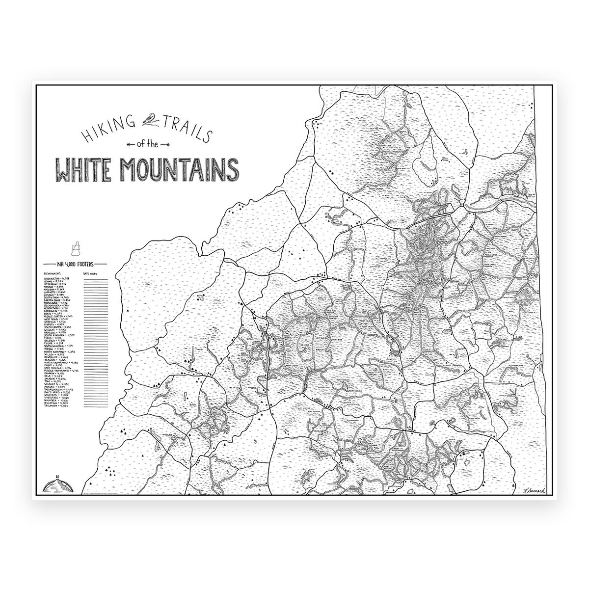 NH 4000 Footer White Mountains Color Your Hike Trail Map