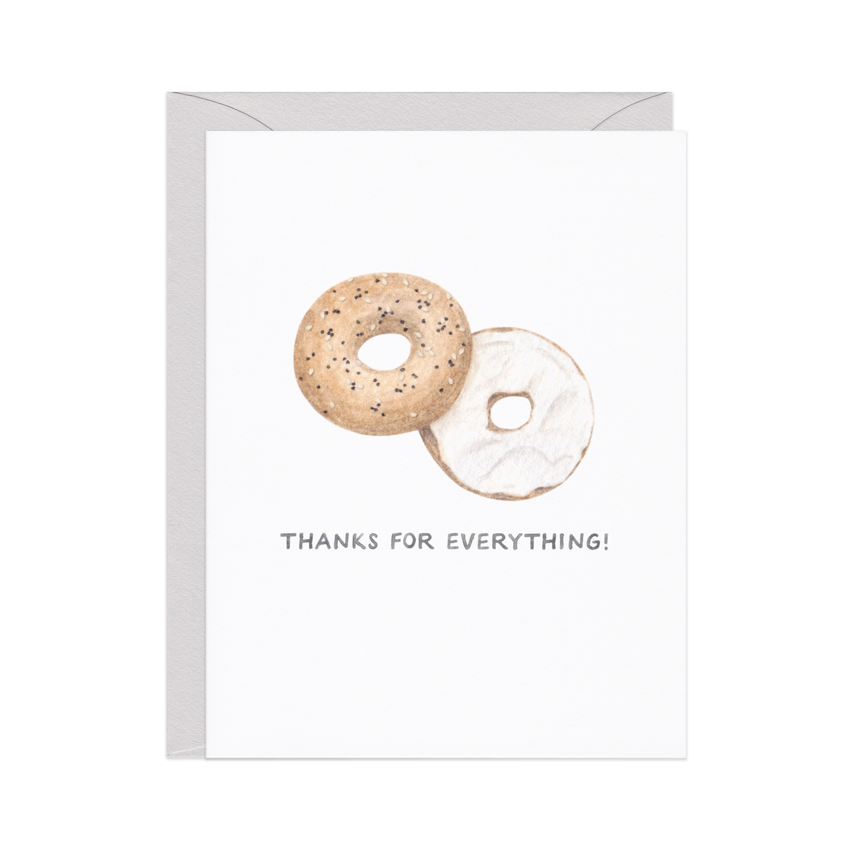 Everything Bagel Thank You Card featuring an everything bagel and a plain bagel overlapping, text reads Thanks for Everything, gray envelope behind