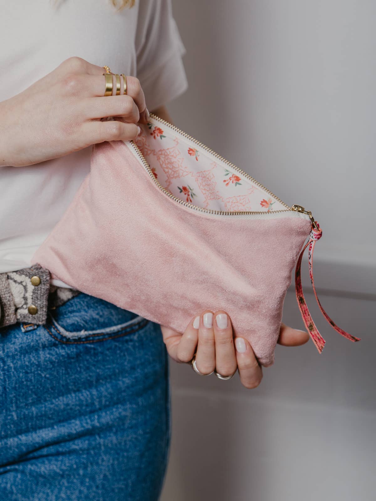 Pink Fleur Vegan Suede Clutch Purse