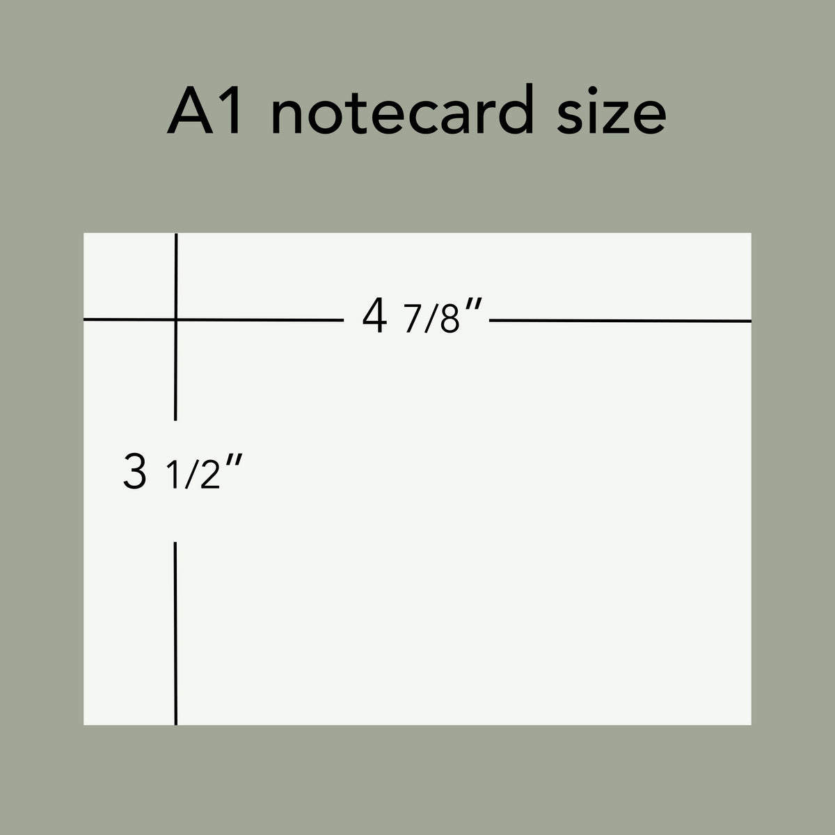A1 notecard size diagram showing a blank card measuring 4 7/8 inches wide by 3 1/2 inches tall on a sage green background