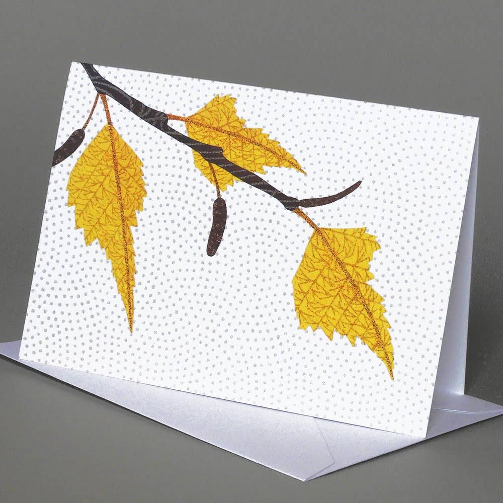 November Birch notecard of three yellow birch leaves and a catkin on a dark branch against a white dotted background