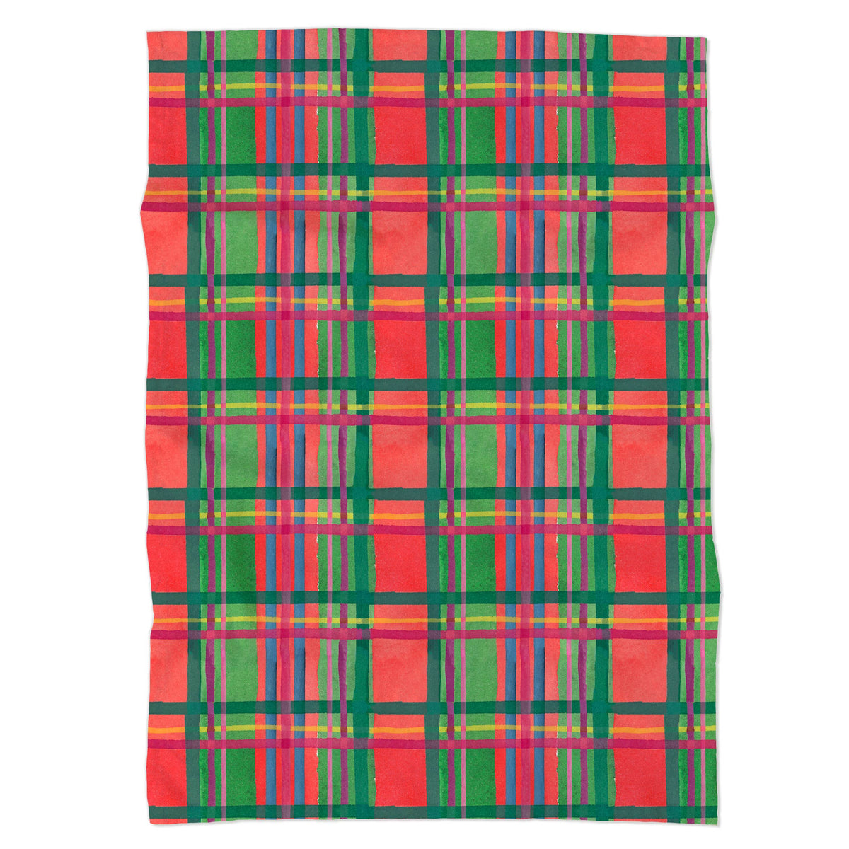 Holiday Plaid tea towel laid flat showing the full red and green watercolor plaid pattern