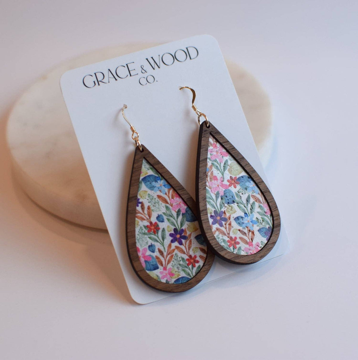 Summer Garden Wood Teardrop Earrings