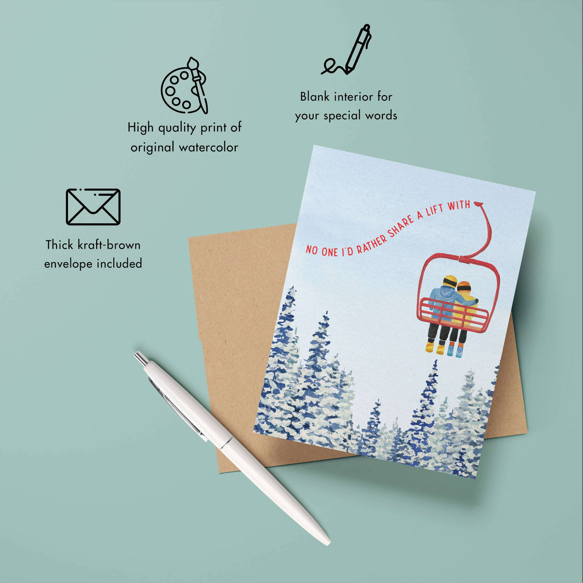 Chairlift Love Card feature list showing high quality print of original watercolor, blank interior for your special words, and thick kraft brown envelope included