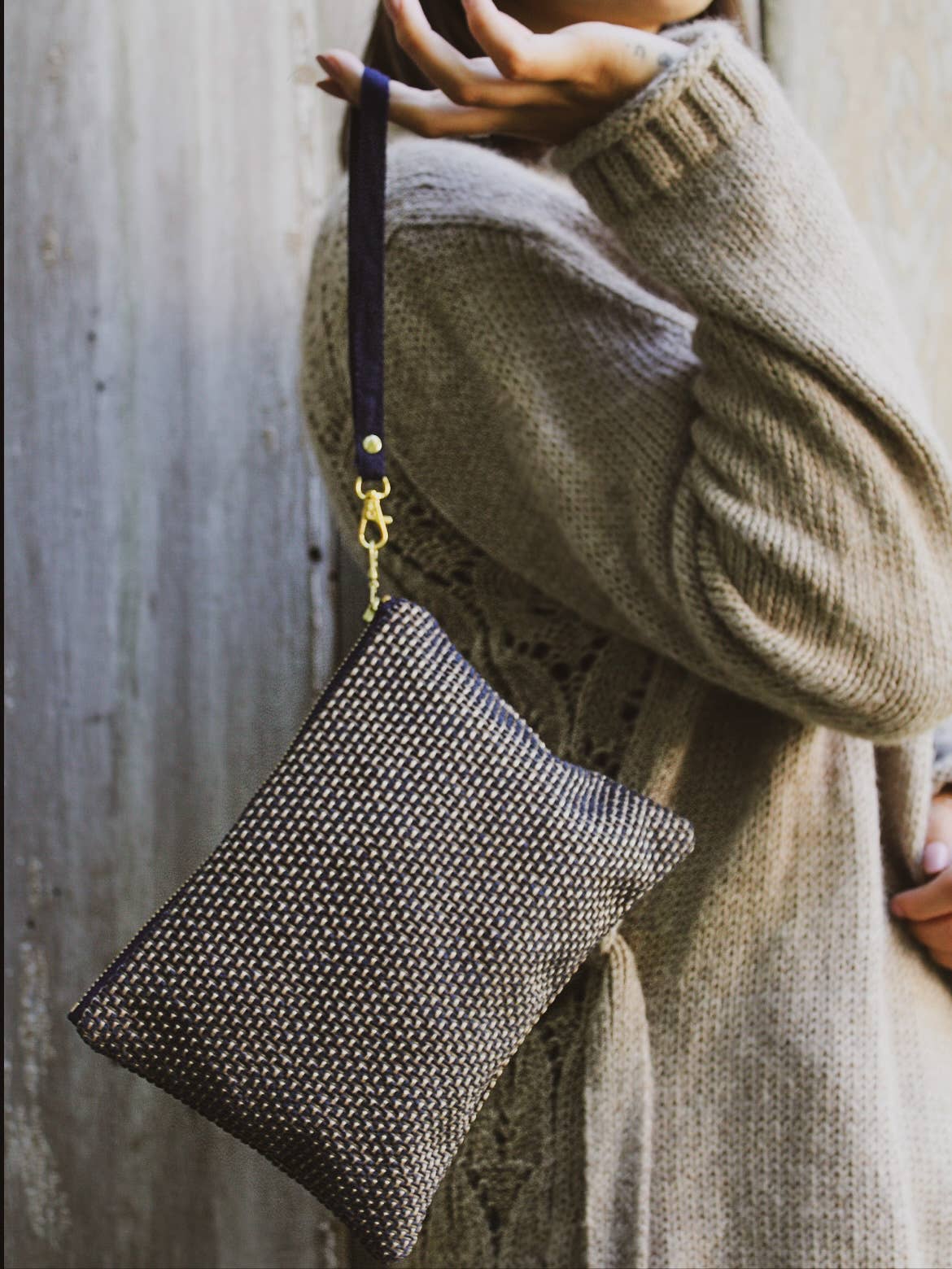 Golden Navy Tweed Wristlet Purse