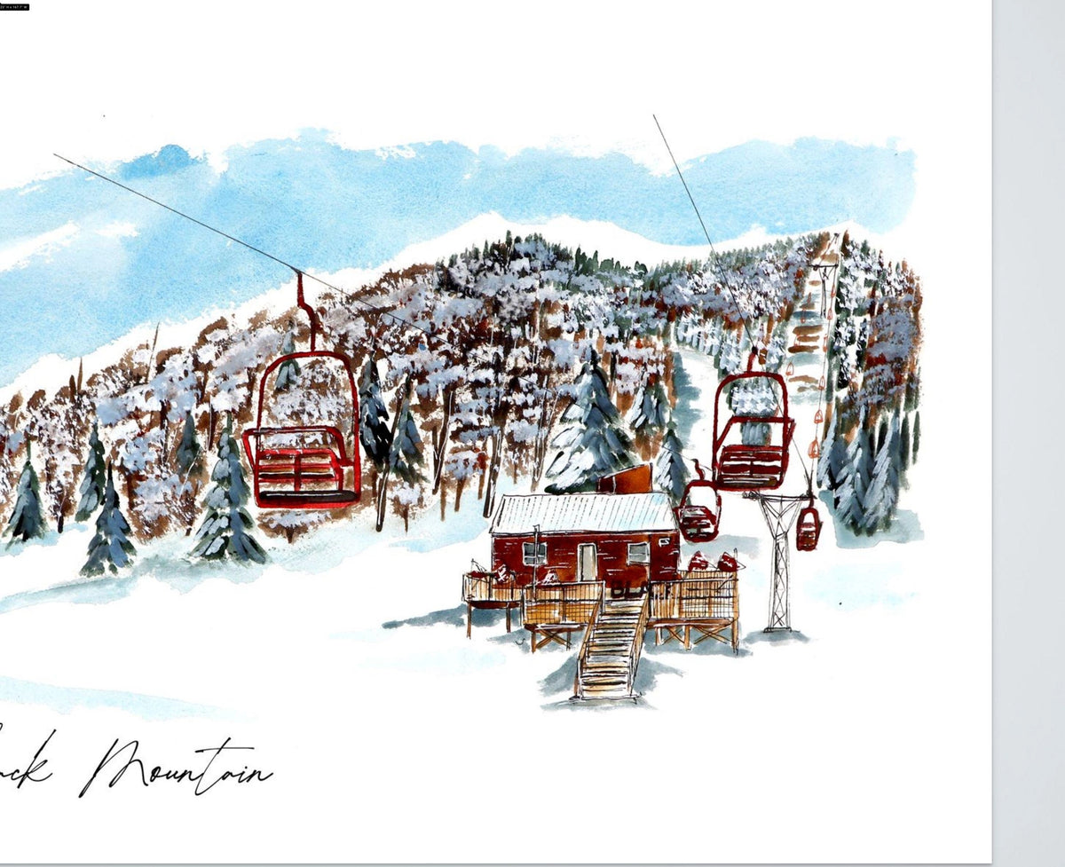 Detail of the Black Mountain watercolor print, showing the red chairlift chairs and base lodge