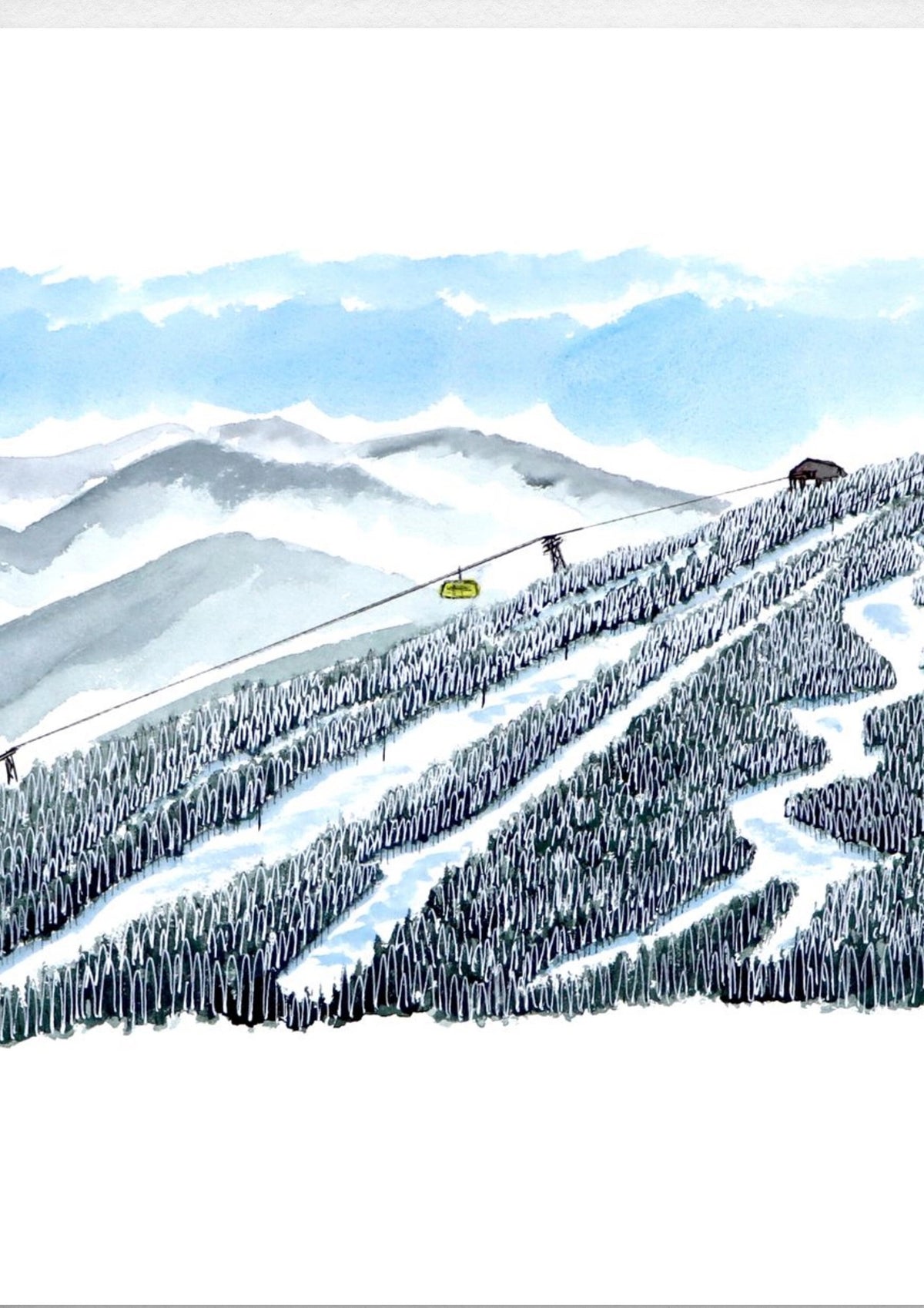 Detail of the Cannon Mountain watercolor print, showing a yellow tram cabin on the cable above the ski trails and forest