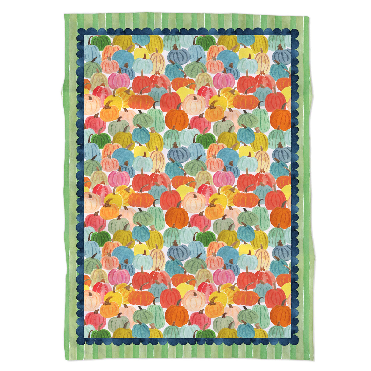 Harvest Pumpkins tea towel laid flat, with orange, teal and yellow pumpkins inside a navy scalloped border and green stripes