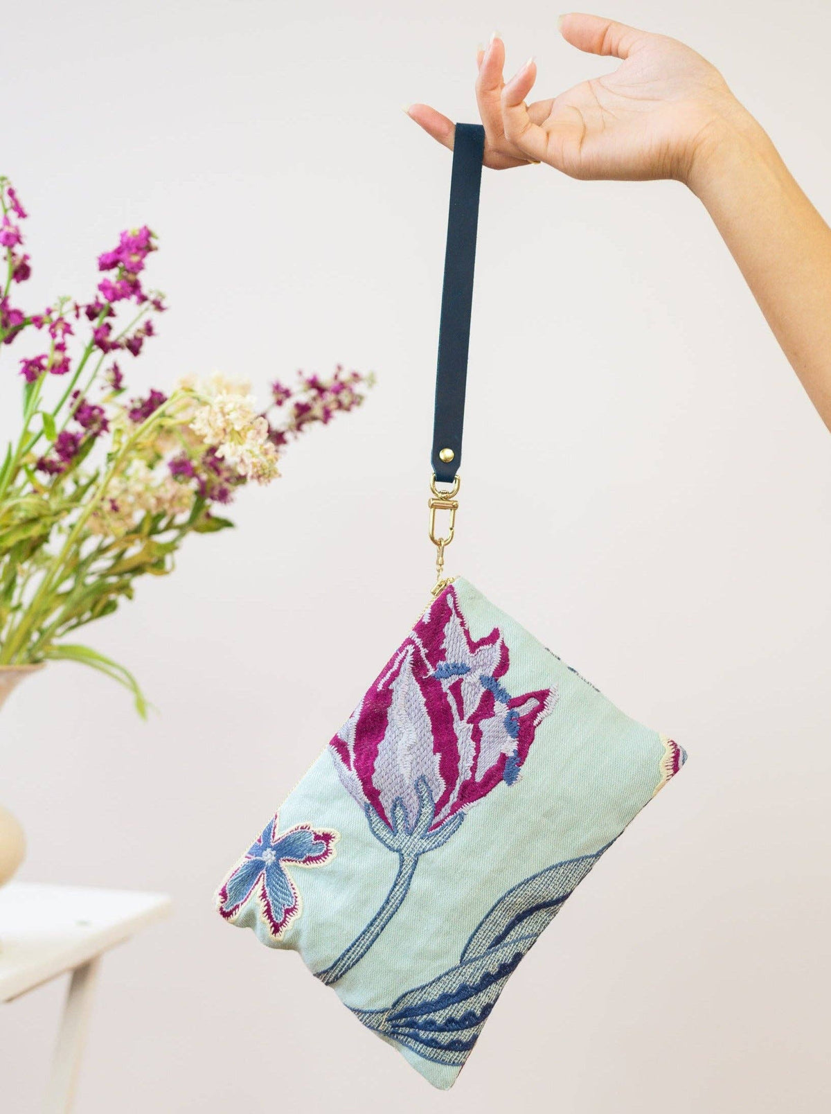 Enchanting Azure Embroidered Wristlet Purse