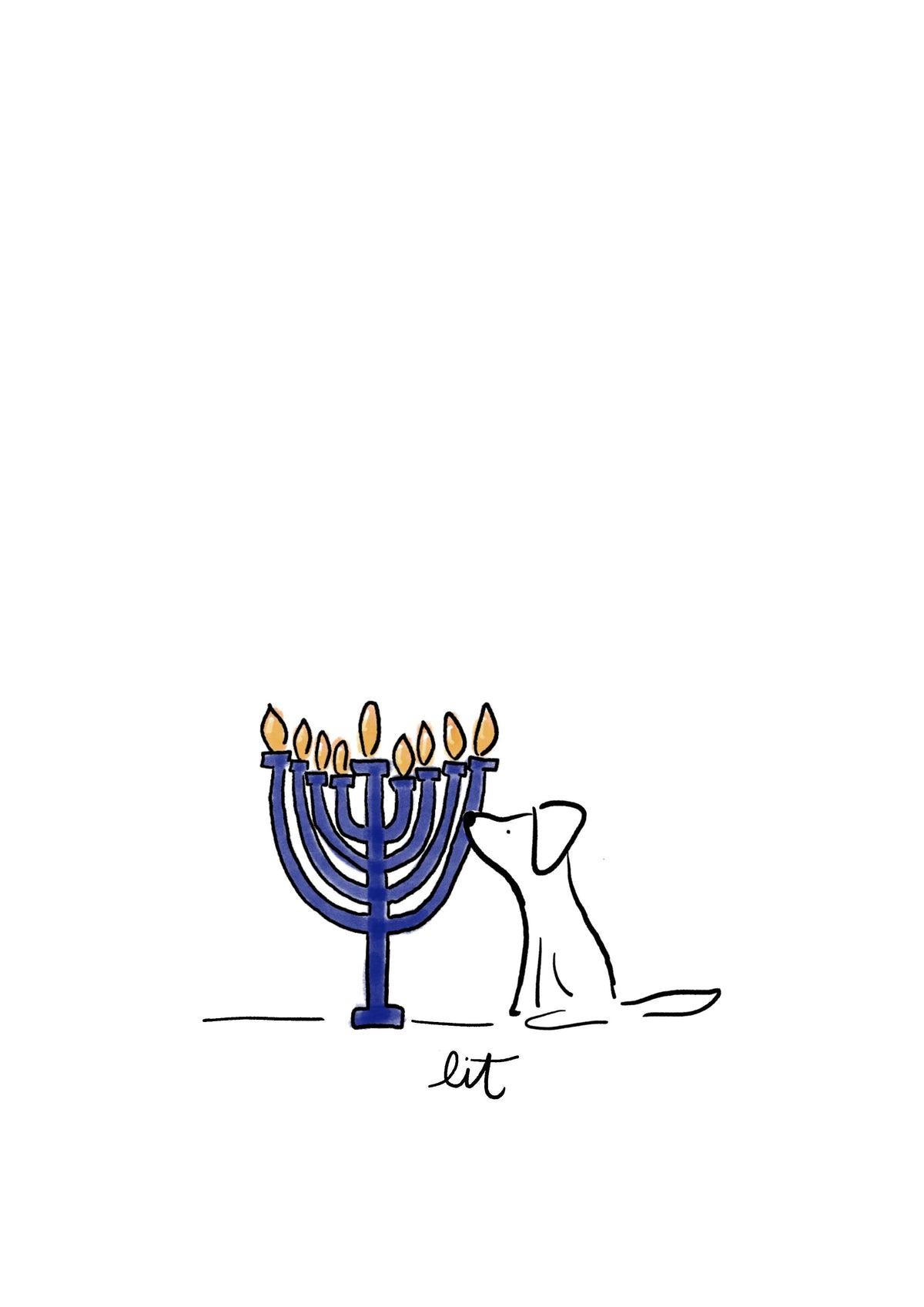 Its Lit Hanukkah Dog Card design close-up showing a white line drawn dog sniffing a lit blue menorah, text reads lit