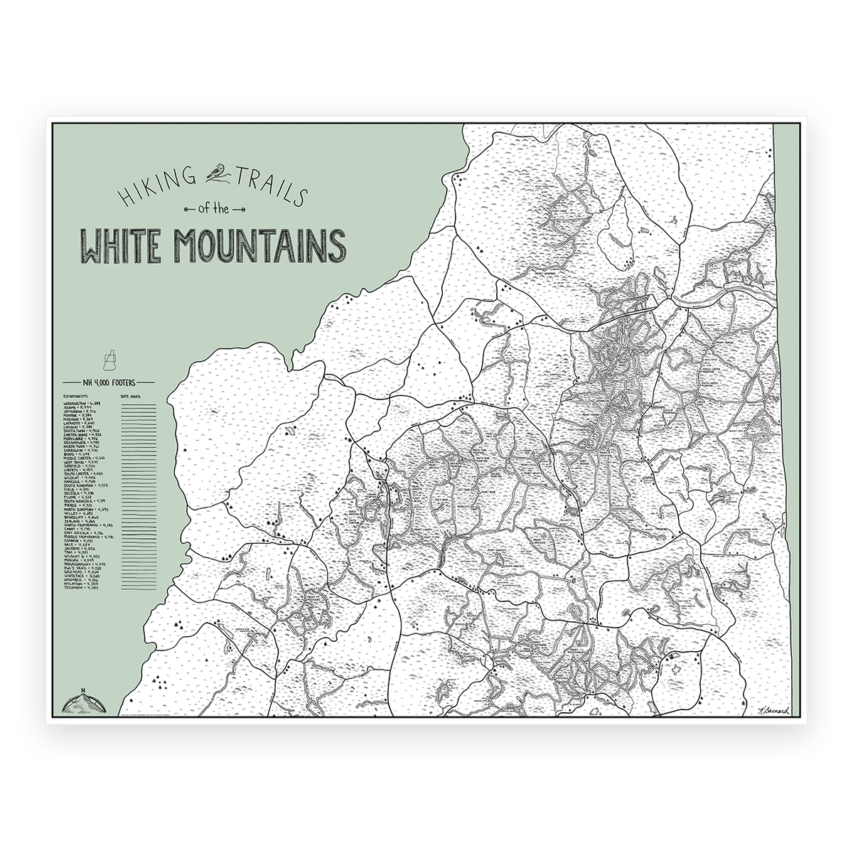 NH 4000 Footer White Mountains Color Your Hike Trail Map