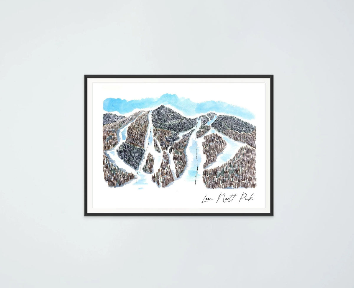 Loon North Peak print in a black frame, hung on a plain wall