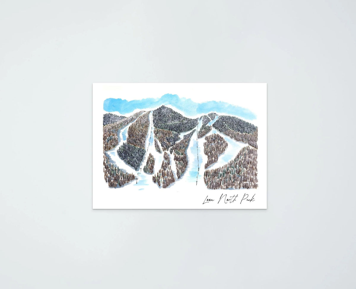 Loon North Peak watercolor art print — trail-map view of the ski runs and two lift lines cutting through forest between the peaks, signed "Loon North Peak" by the artist