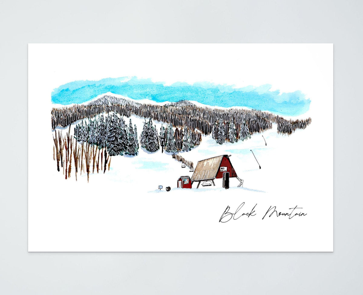 Black Mountain Ski Area watercolor art print — red chairlift barn and base lodge at the bottom of the run, forested ridge behind, signed "Black Mountain" by the artist