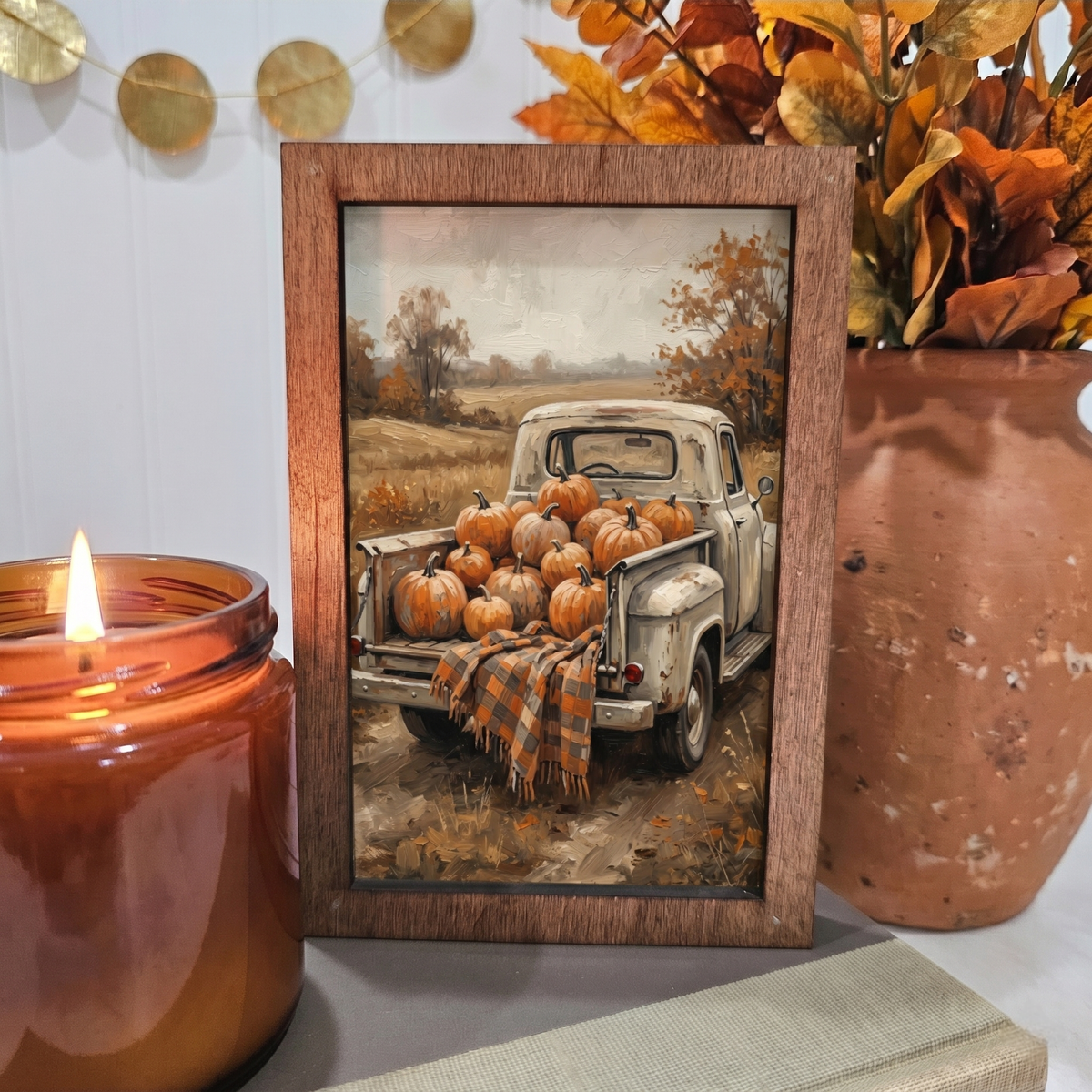 Vintage Truck & Pumpkins Wooden Block