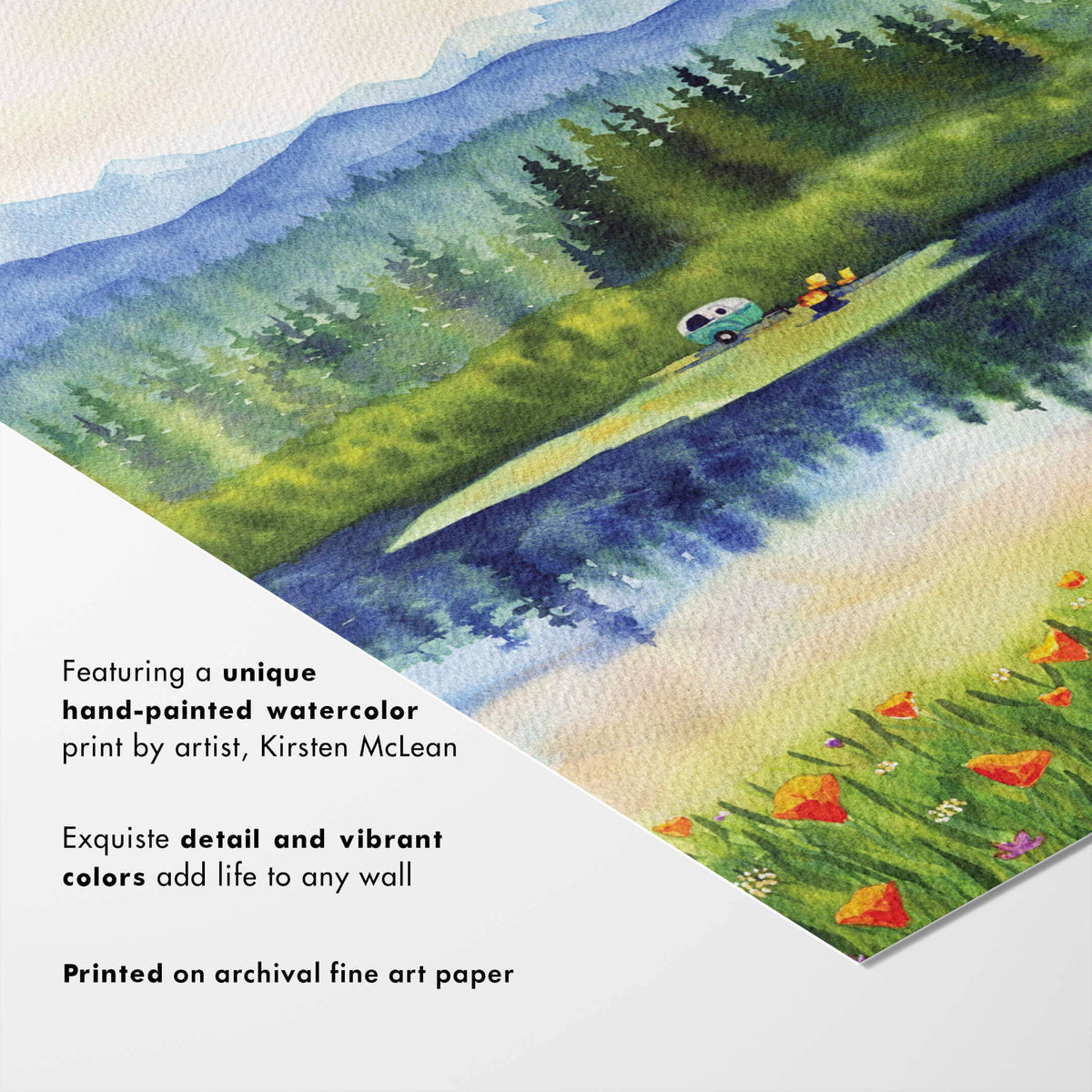 Close-up of Summer Wanderlust Art Print showing the teal camper trailer and campfire reflected in the lake, text reads featuring a unique hand painted watercolor print by artist Kirsten McLean, printed on archival fine art paper