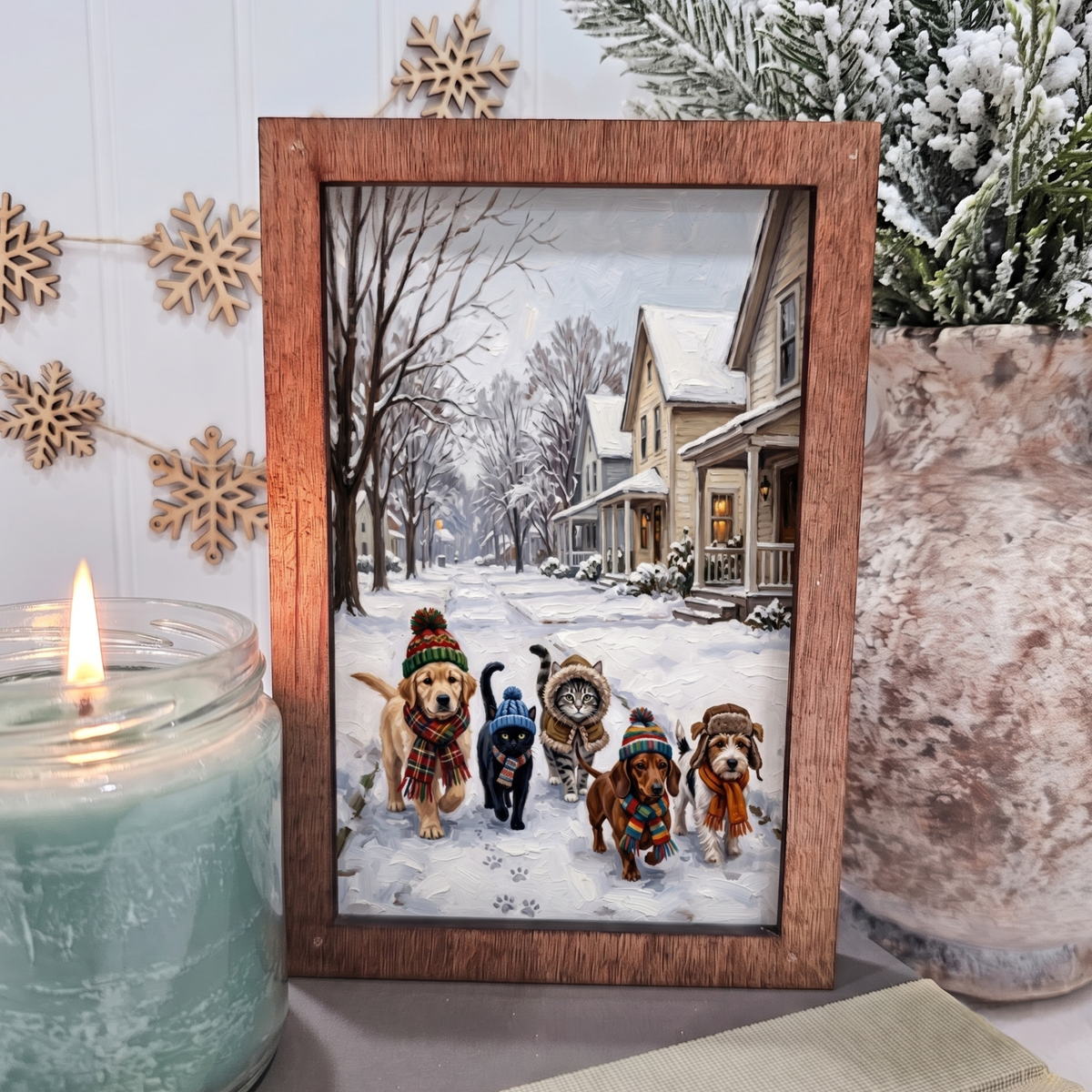 Cozy Winter Dogs & Cats Wooden Block