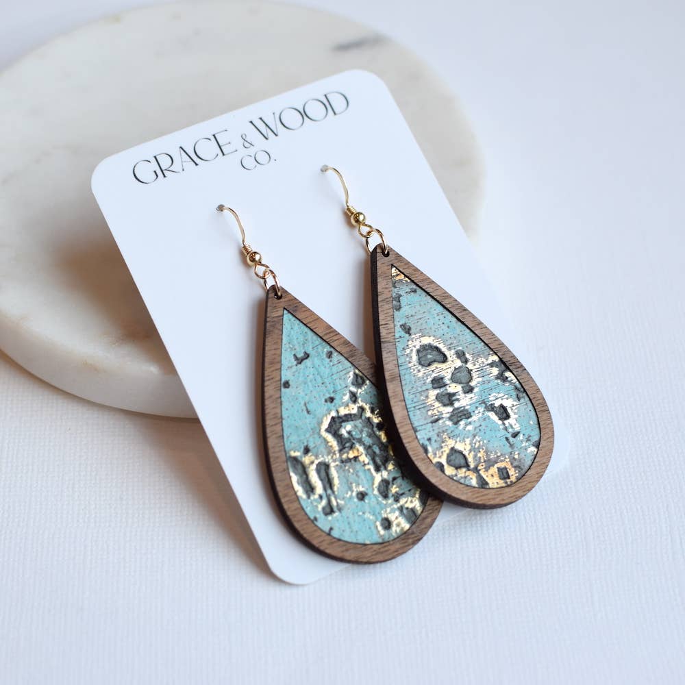 Turquoise Distressed Wood + Leather Teardrop Earrings