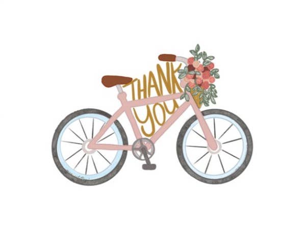 Close-up of Thank You Bike Thank You Card showing the pink bicycle, flower basket, and gold Thank You lettering on the frame