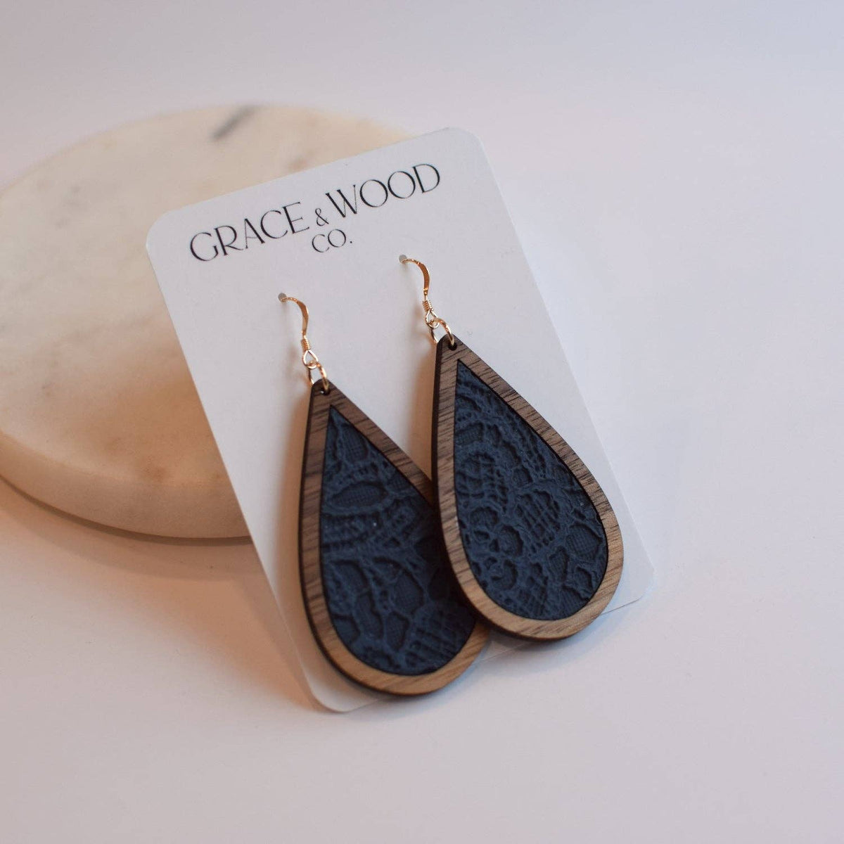 Navy Lace Wood Teardrop Earrings