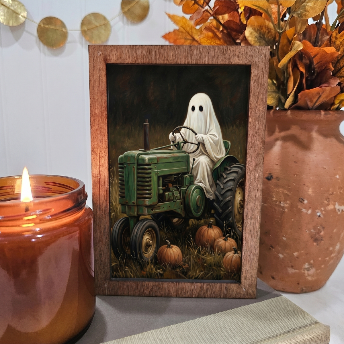 Ghost on a Tractor Decorative Wooden Block