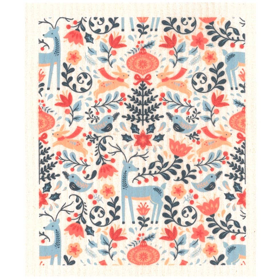 Blue Reindeer in Flowers | Christmas & Winter Dishcloth