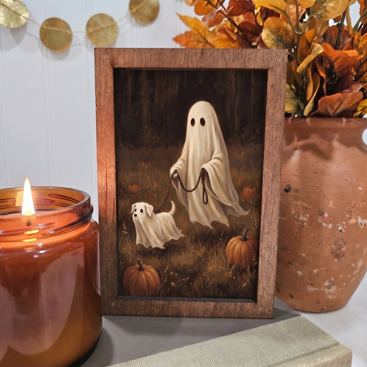 Ghost Walking a Ghost Dog Wooden Block