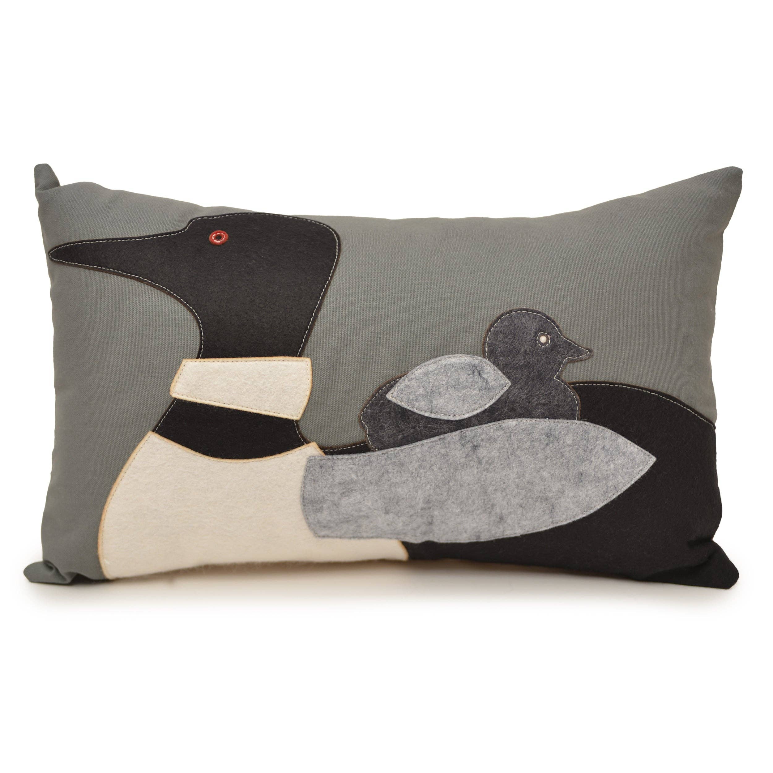 Loon with Baby Lumbar Pillow on Grey