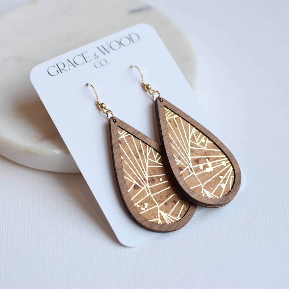 Geo Gold Wood + Cork Teardrop Earrings
