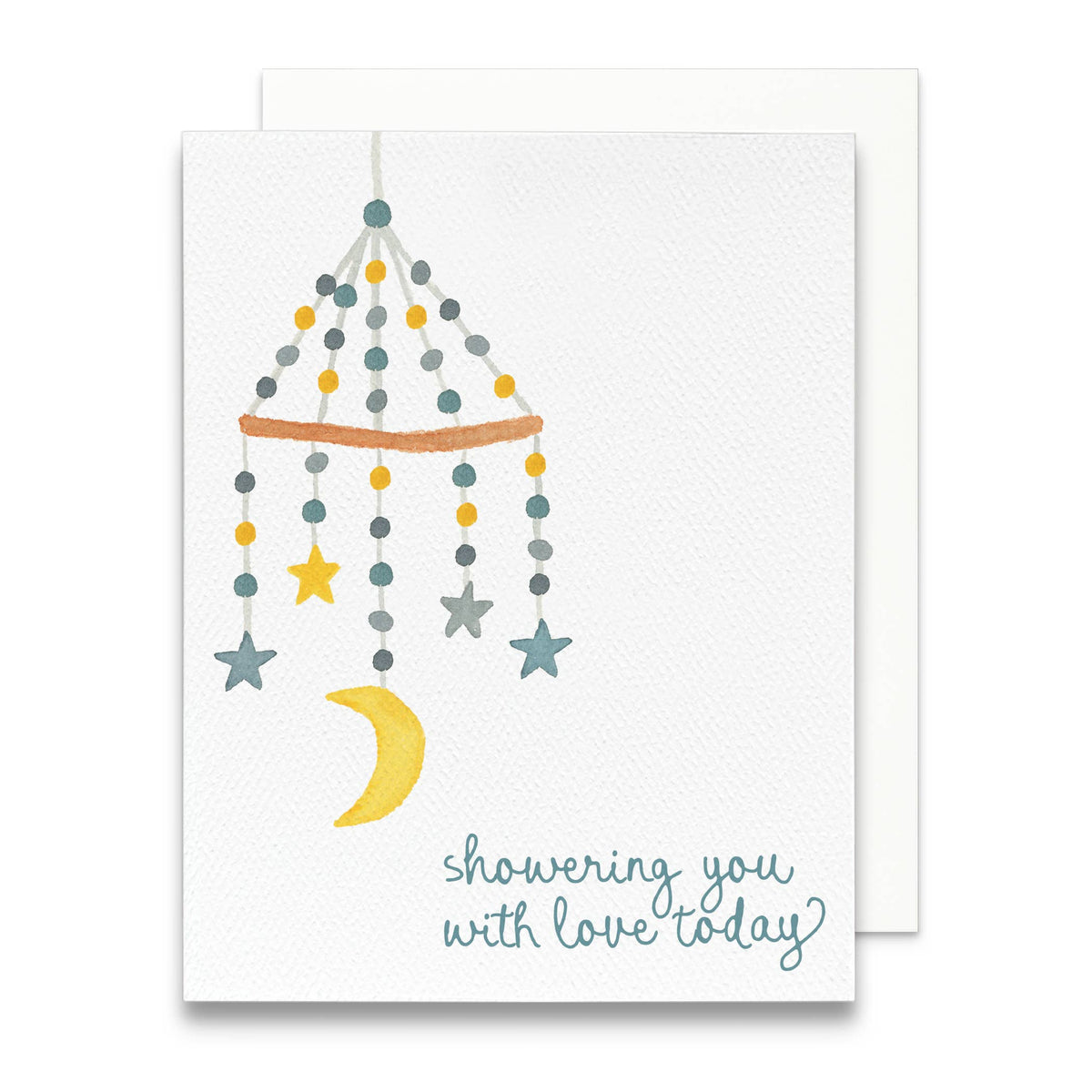 Showering You With Love card with a watercolor mobile of stars and a crescent moon, on a white envelope