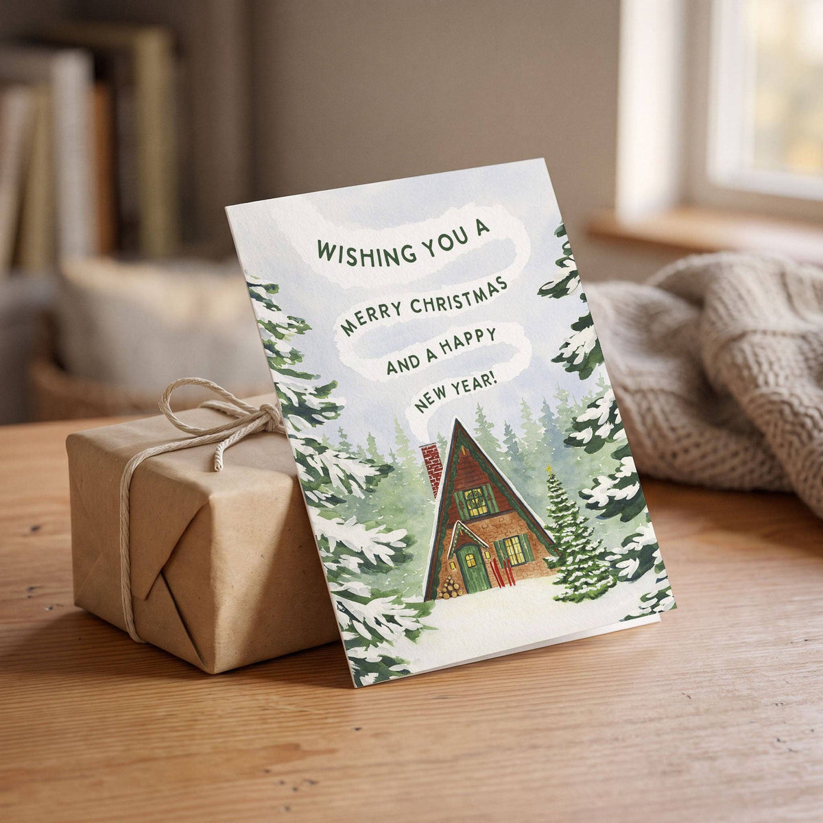 Christmas Cabin Holiday Card propped against a kraft wrapped gift tied with string on a wood table, snowy A-frame cabin design visible