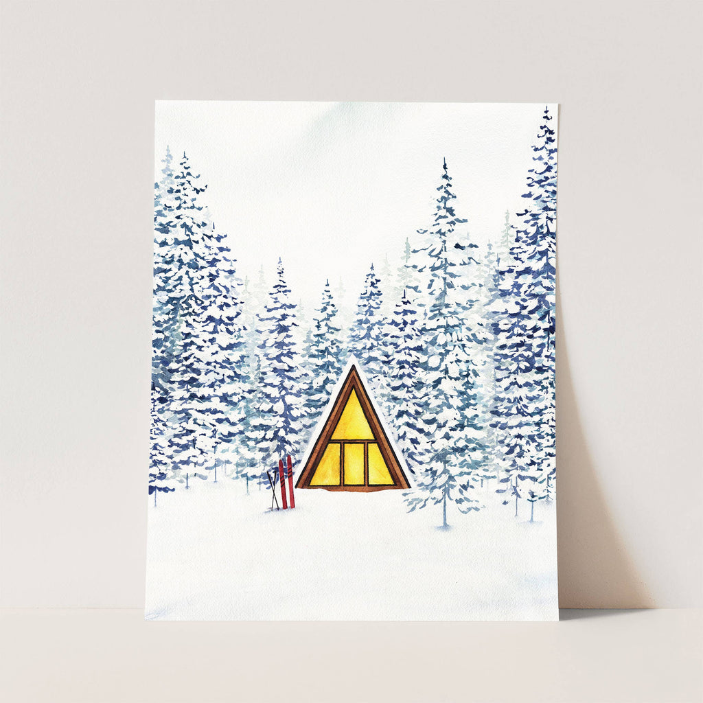 Winter Art Print | Cozy A-Frame, Snowy Wall Decor for Cabin