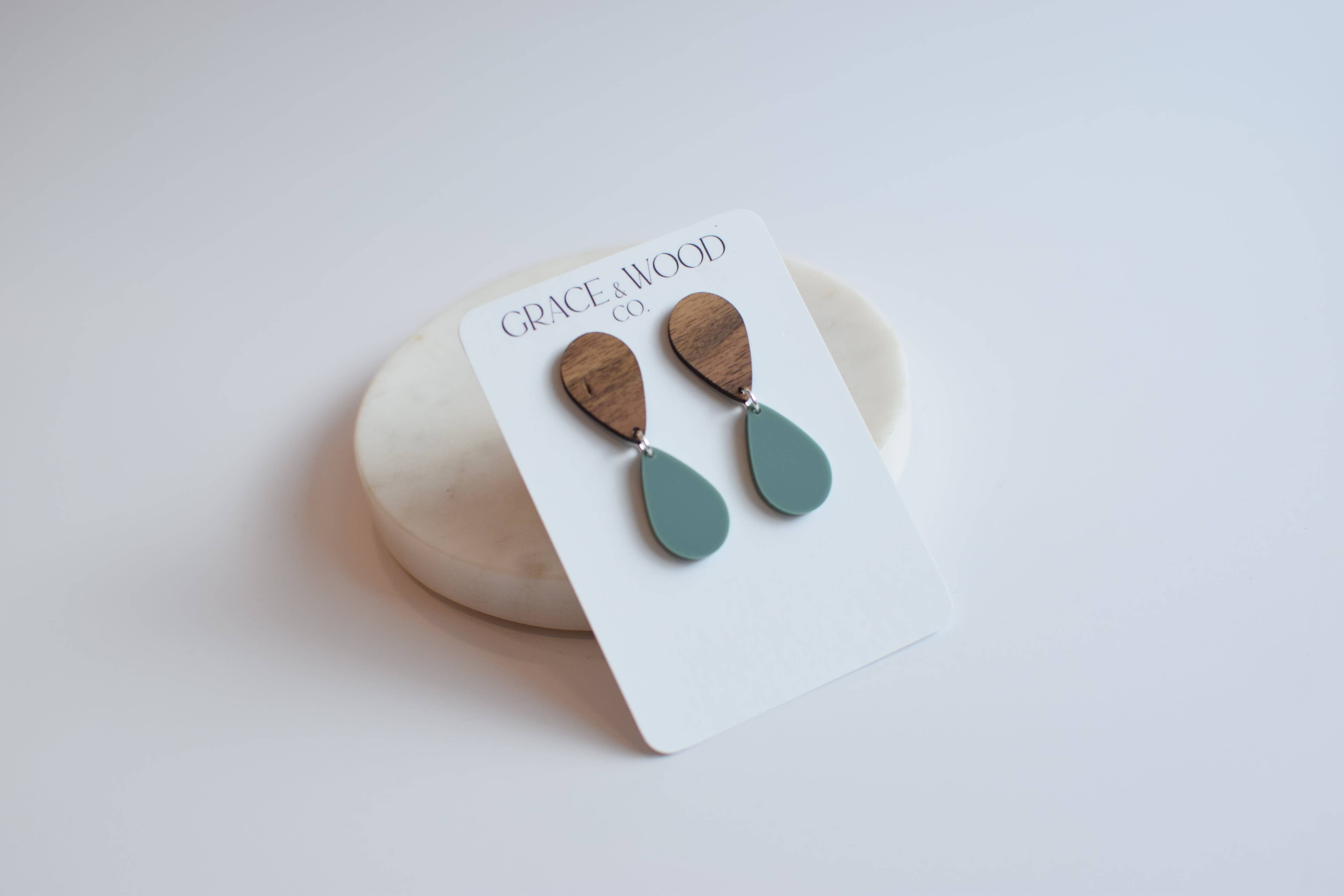 Walnut Sage Green Mirrored Teardrop Earrings