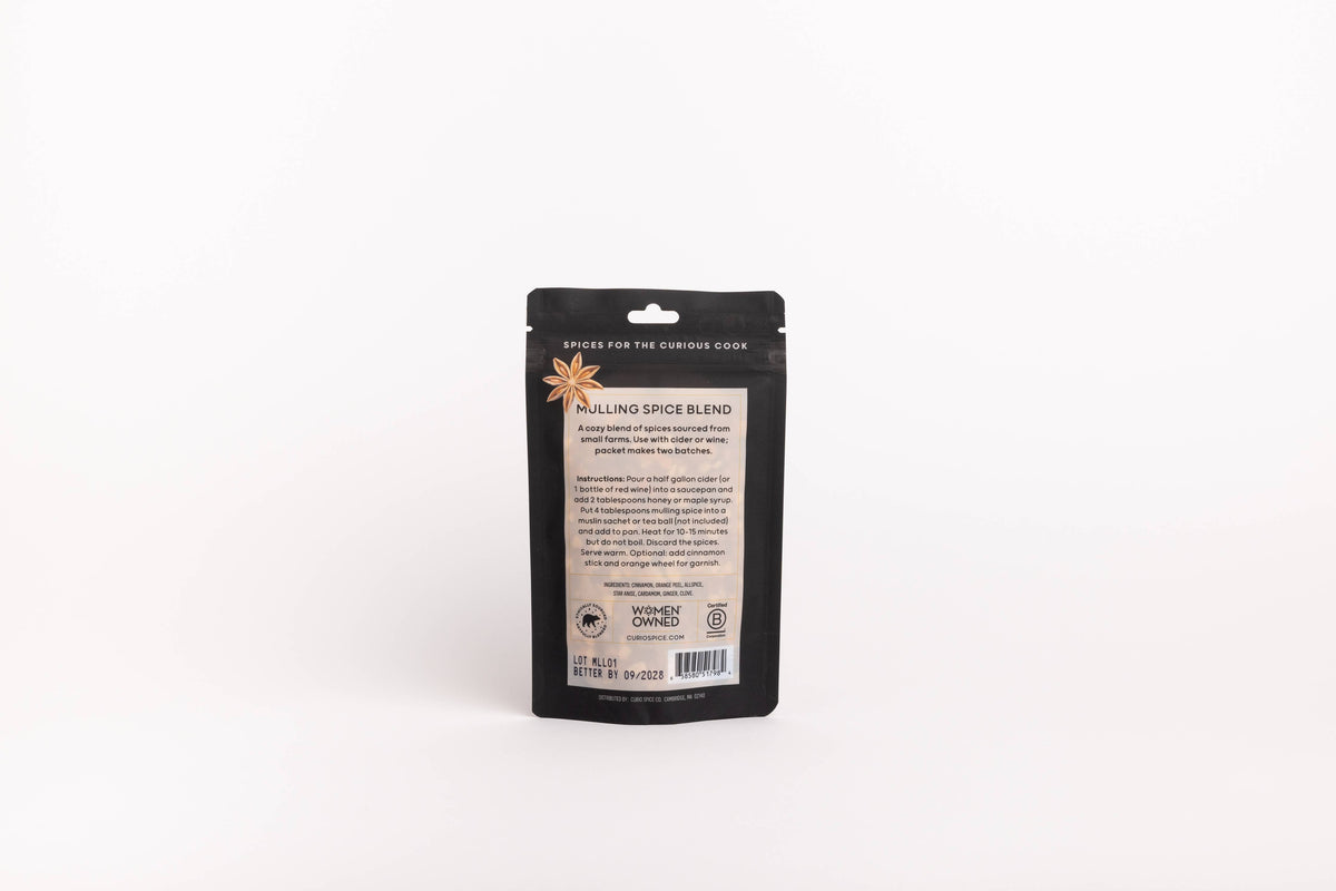 Back of the Mulling Spice Blend pouch with instructions for making spiced wine or cider, ingredients and a barcode