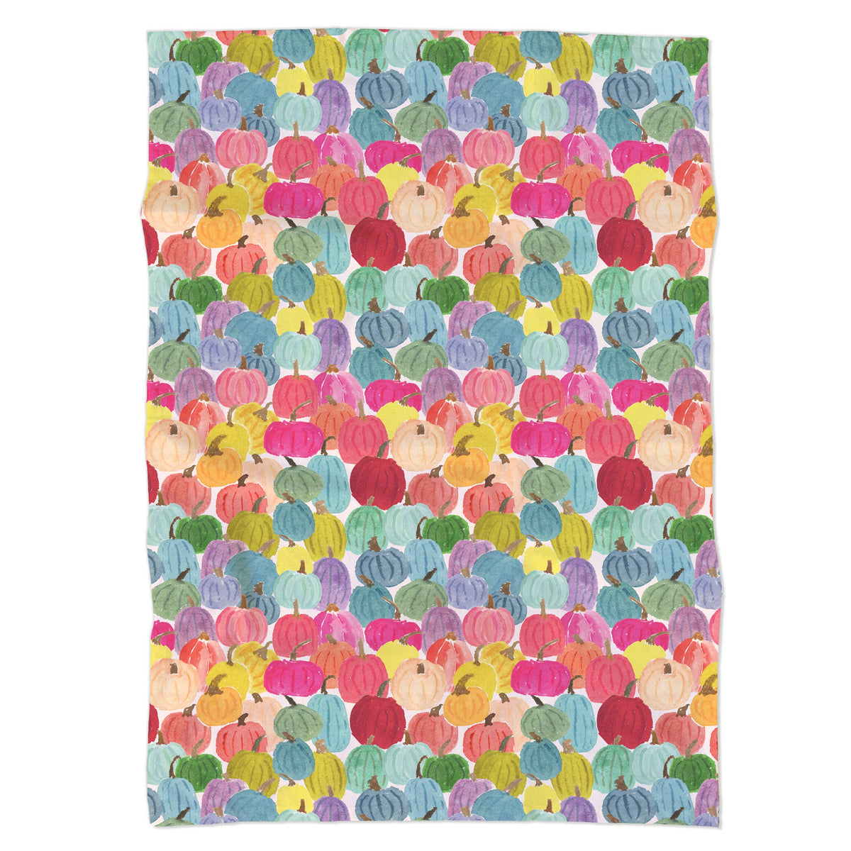 Colorful Pumpkins tea towel laid flat showing an allover pattern of rainbow watercolor pumpkins