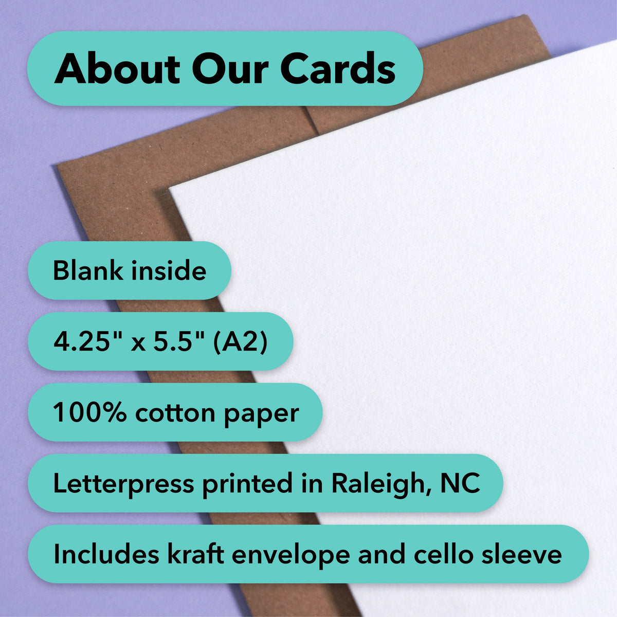 About Our Cards graphic on a purple background listing card size, cotton paper, letterpress printing and kraft envelope