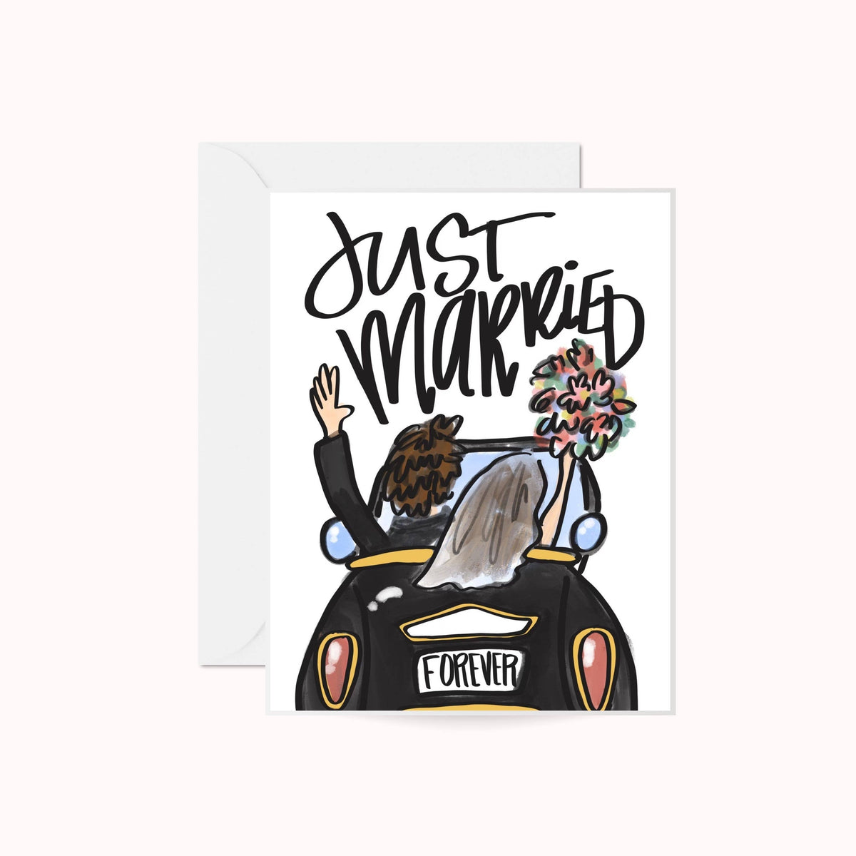 Just Married Greeting Card featuring an illustrated black car with a Forever license plate, a bride and groom waving out the sunroof with a bouquet, gray envelope behind