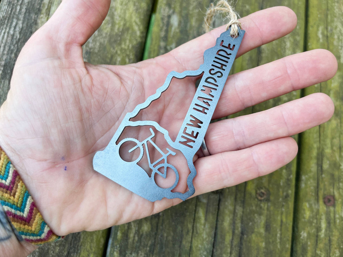 New Hampshire State Mountain Bike Raw Steel Ornament
