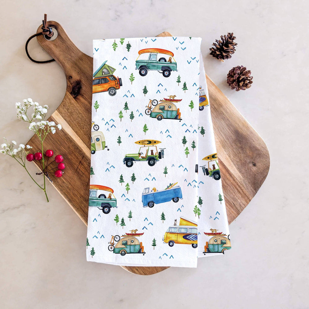 Adventure Tea Towel | Camping Trucks & Outdoorsy Dog Design