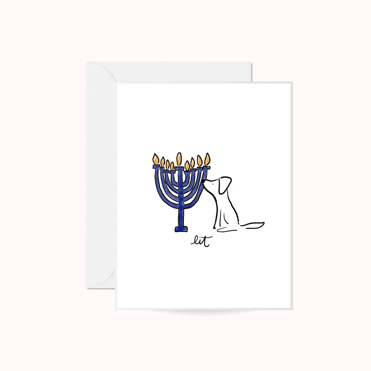 Its Lit Hanukkah Dog Card featuring a white line drawn dog sniffing a lit blue menorah, text reads lit, gray envelope behind