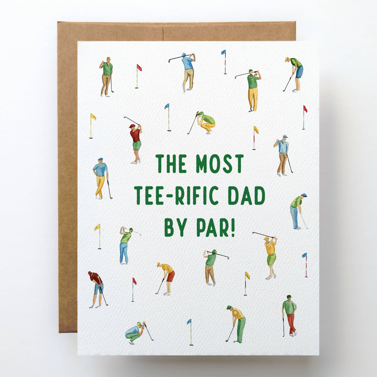 Father Day Card for Golfing Dad covered in small watercolor illustrations of golfers swinging, putting, and golf flags, with green text reading The Most Tee-rific Dad by Par, kraft envelope behind