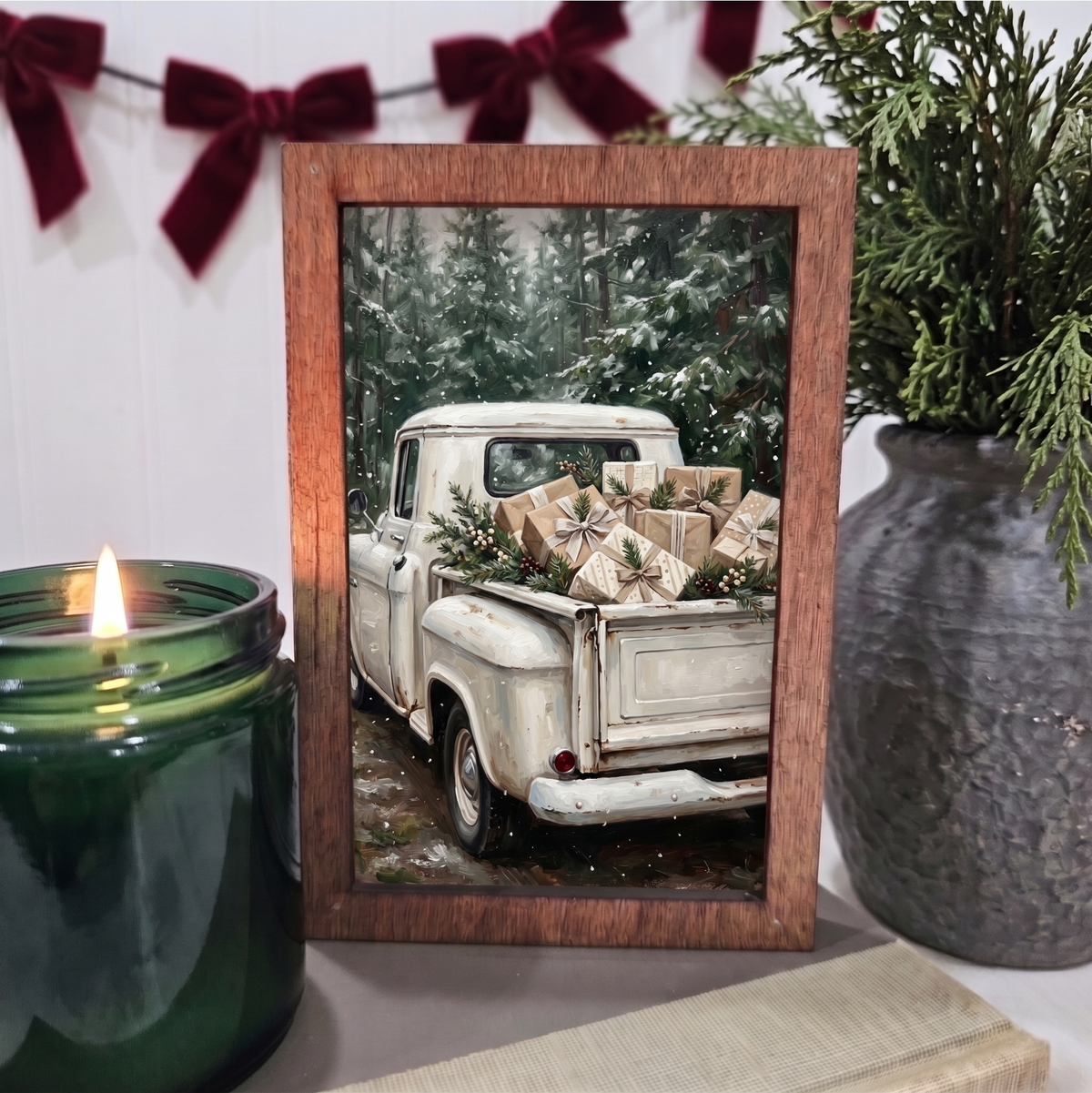 White Christmas Truck Decorative Wooden Block