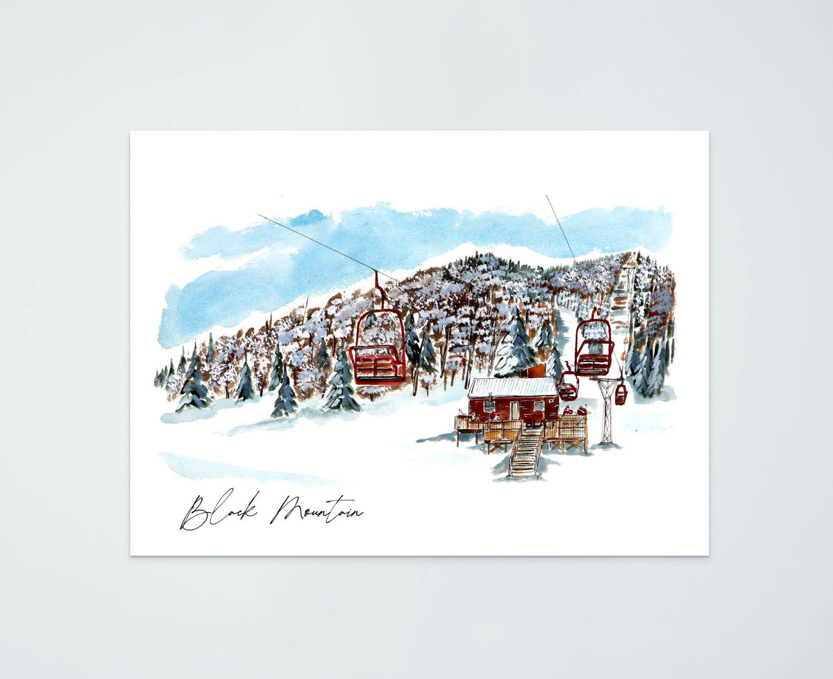 Black Mountain watercolor art print — red chairlifts carrying skiers over a snowy forested slope past the timber base lodge, signed "Black Mountain" by the artist