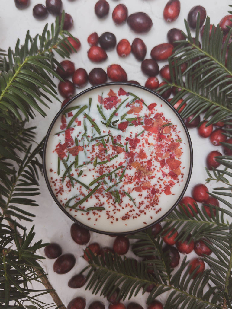 Gather Here Cranberry Pine Soy Tin Candle Rose Petal Yew 8oz