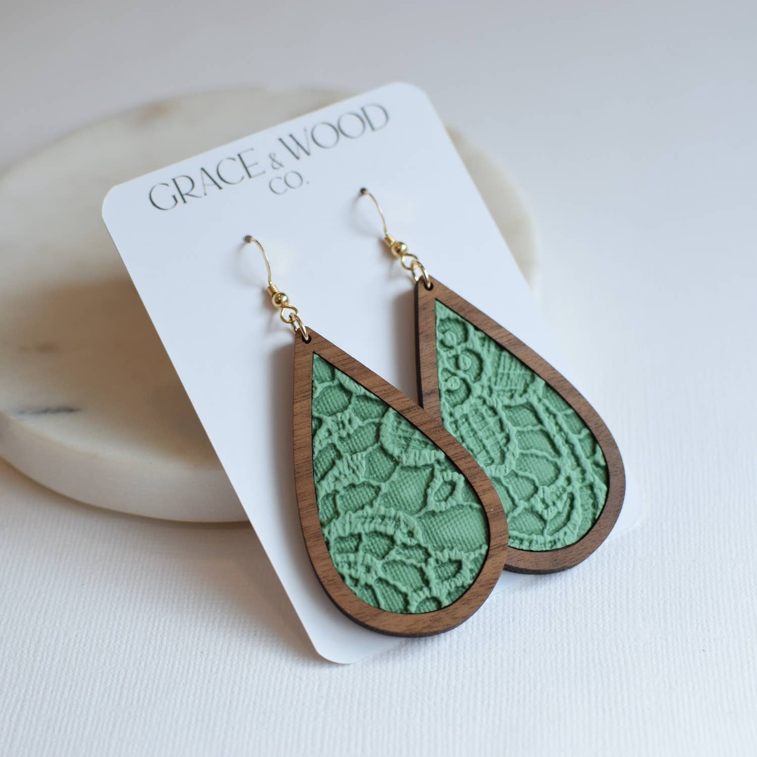 Sage Green Lace Wood + Cork Teardrop Earrings